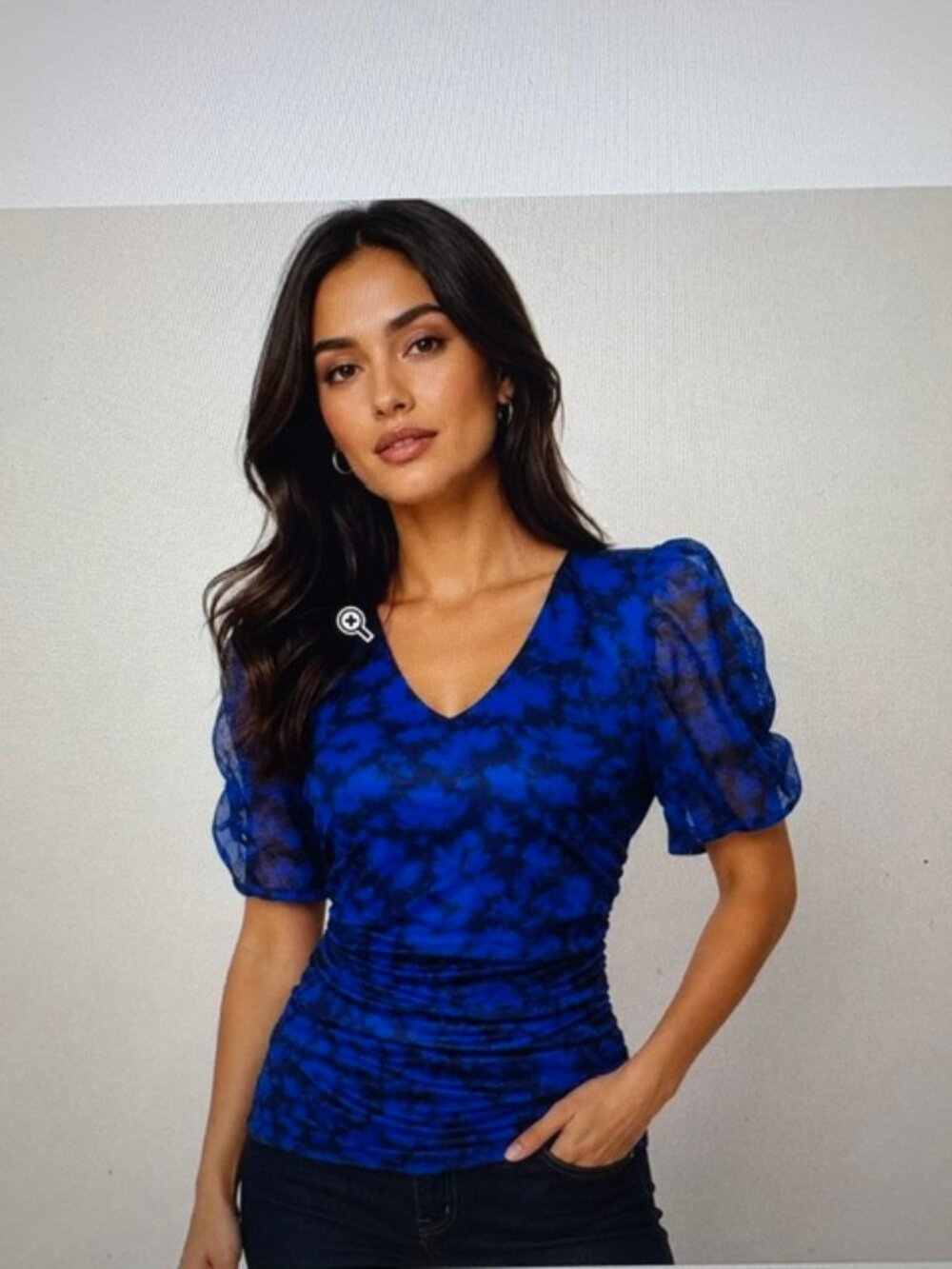 Cable & Gauge Black and Blue Floral Mesh V-Neck Top, Sz M, NWOT